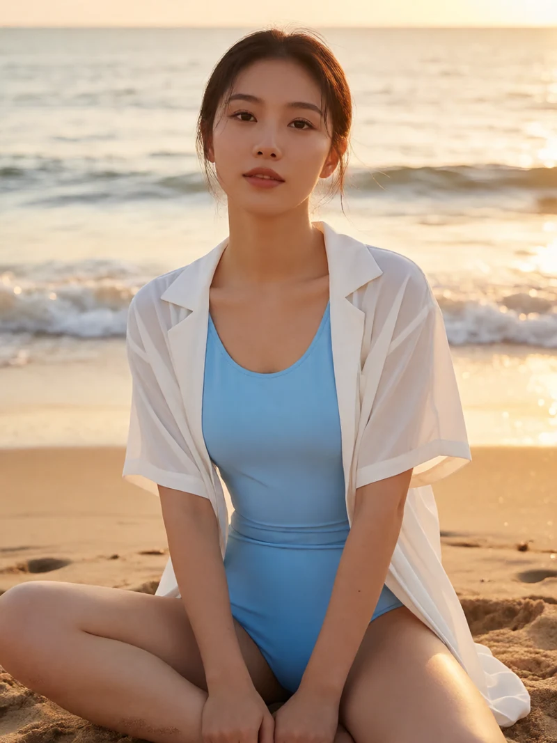 AI创作配图:白色罩衫下的落日海滩,与本组服装和场景对应
